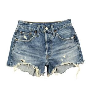 Levi's 501 Premium Shorts Women 24 Blue Button Fly Cut Off Distressed Denim Jean